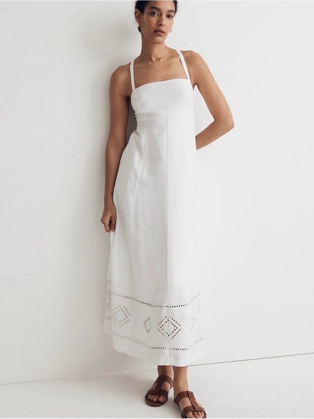 Madewell Embroidered Eyelet Tie-Back Cami Midi Dress Linen Blend Beach Coastal 4